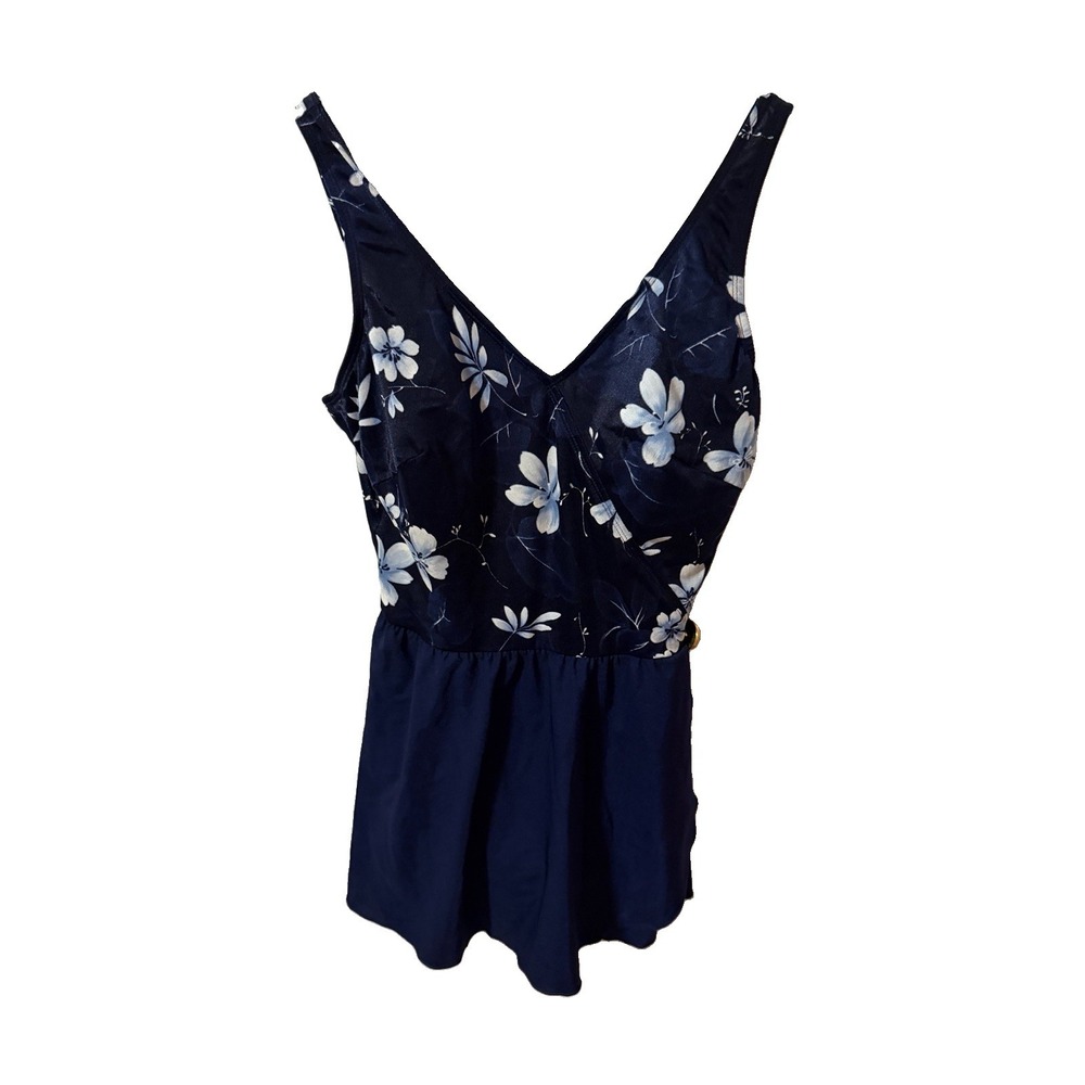 Robby Swim Suite Womens V Neck Navy Blue Floral  18W